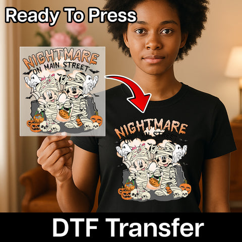 Cute Halloween Iron-On DTF Transfer for T-shirt Ready To Press Nightmare on Main Street Family Party Spooky Pumpkin Design