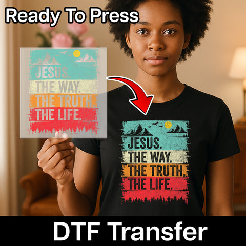 Christian Faith Mountain Scene DTF Transfer, Jesus the Way Rustic & Retro Iron-On, Inspirational Church Group Apparel