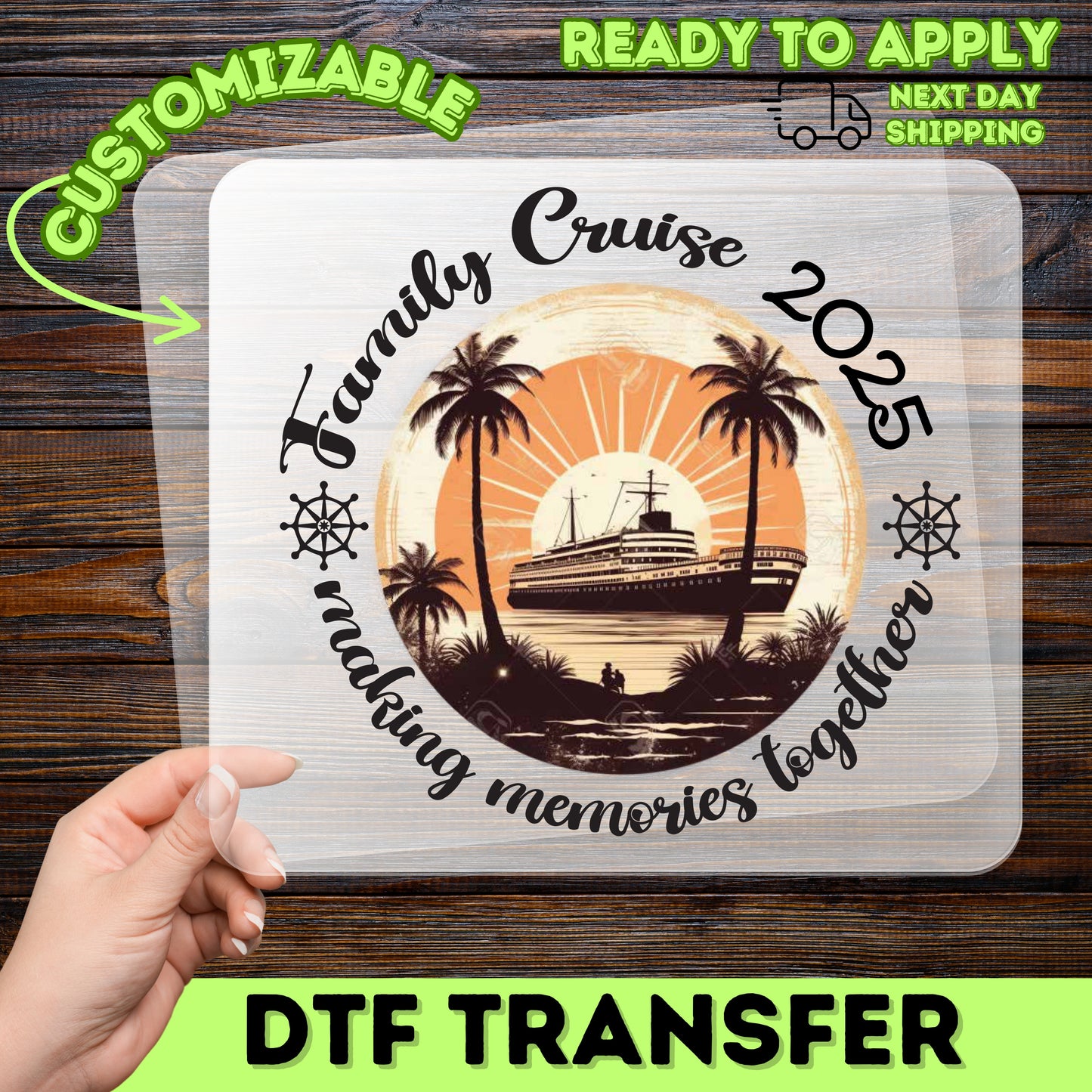 Retro Family Cruise DTF Transfer for Vacation, Cute Sunset Shirt Design, Ready to Press Iron-On for Group & Family Apparel