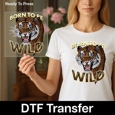 Bold roaring tiger BORN TO BE WILD adventure DTF Transfer for edgy apparel & wildlife enthusiasts t-shirt