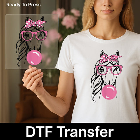 Quirky Horse with Glasses & Bubble DTF Transfer Iron-On Cute Animal Design for Party T-Shirt or Sweatshirt