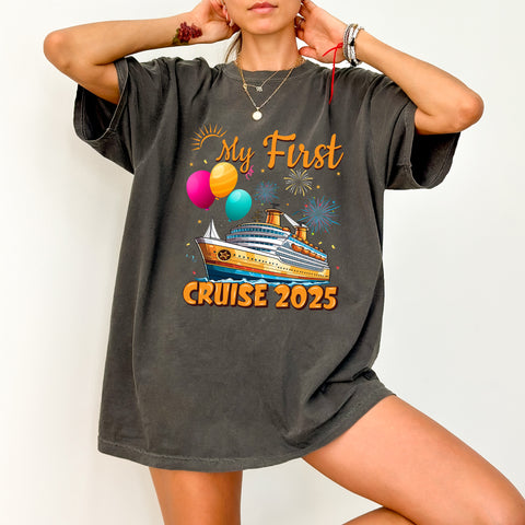 Cute First Cruise 2025 DTF Transfer Ready To Press For Family & Group Vacation T-Shirt Apparel, Celebratory Travel Theme