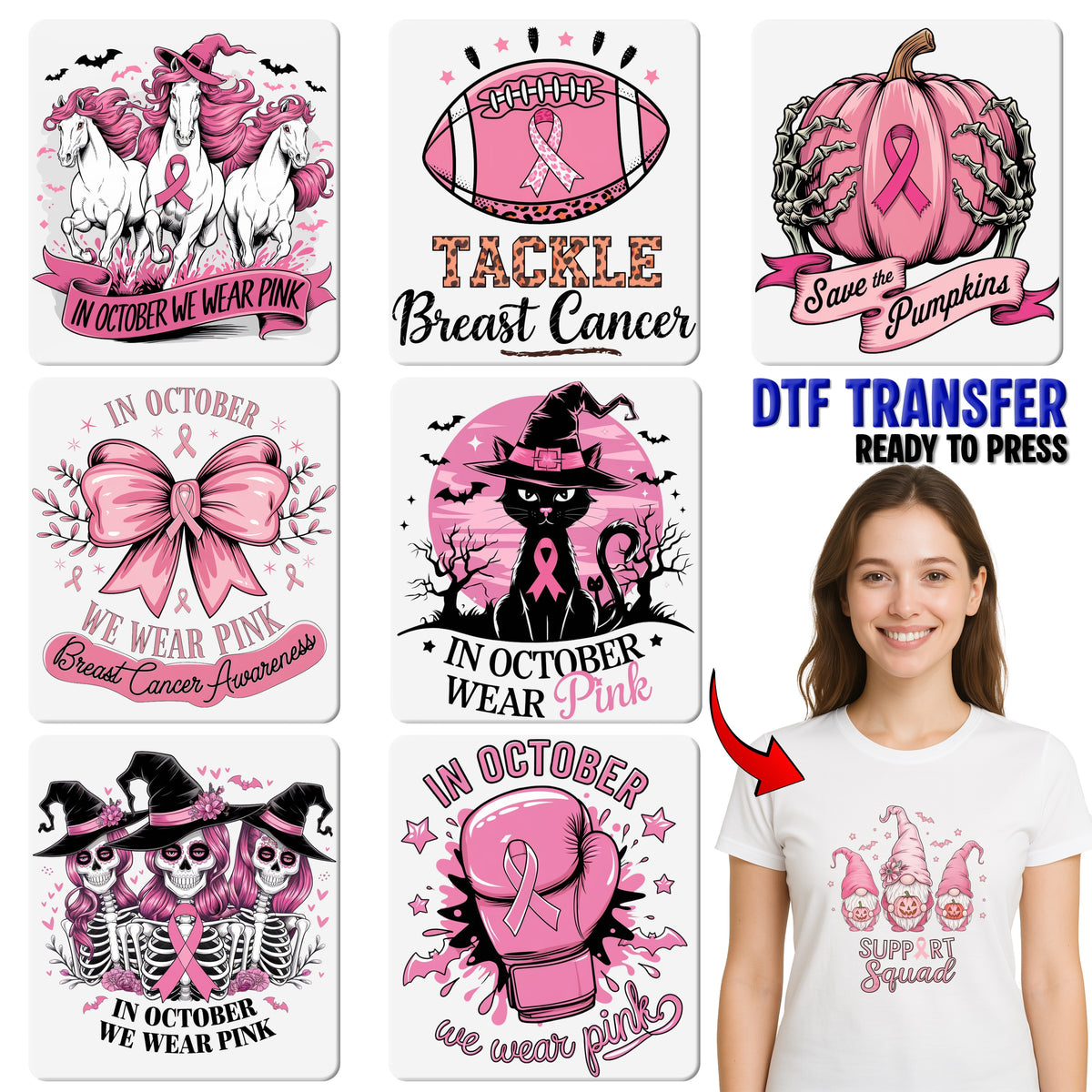 Cute Ready To Press Halloween & Breast Cancer Awareness DTF Transfer for T-shirts - Pink Skeletons & Ribbons