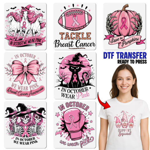 Cute Ready To Press Halloween & Breast Cancer Awareness DTF Transfer for T-shirts - Pink Skeletons & Ribbons