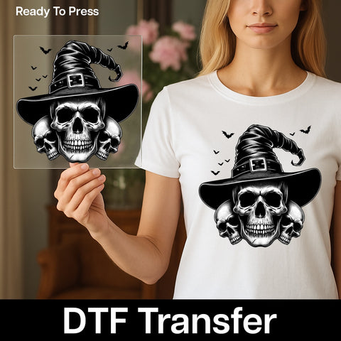 Gothic Halloween Skull Witch Hat & Bats DTF Transfer for Apparel - Ready to Press Iron-On for Spooky Occult Shirts
