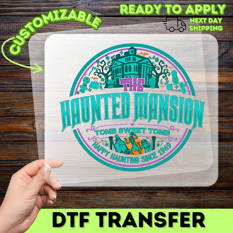 Haunted Mansion Halloween DTF Transfer | Funny Gothic Teal & Violet Iron-On for Family Apparel