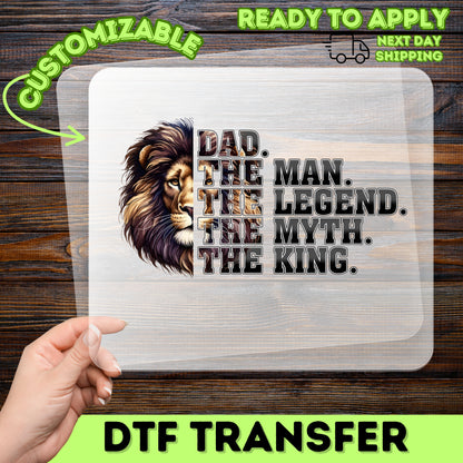 Father's Day Tribute DTF Transfer | Bold Lion King Dad Graphic Ready To Press Apparel | Perfect Iron-On for T-Shirts