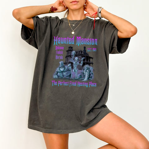 Iron-On Gothic Halloween Haunted Mansion DTF Transfer for Spooky Family Shirts & Group Apparel, Cute and Eerie Design