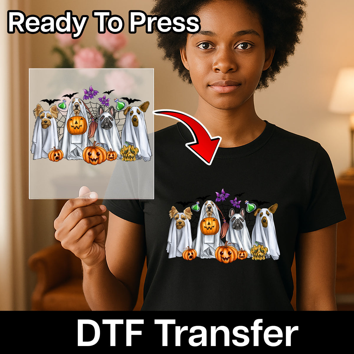 Cute Halloween DTF Transfer Iron-On Ghost Dogs & Pumpkins Funny Pet Theme Ready To Press T-Shirt Design for Dog Lovers