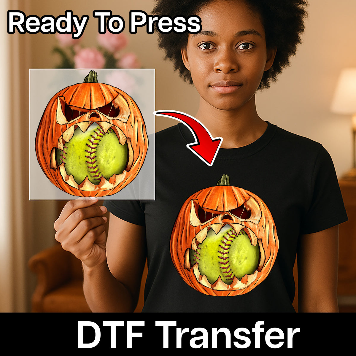 Iron-On Halloween Pumpkin Softball DTF Transfer for Spooky Sports Shirt Ready To Press for Halloween Team Apparel