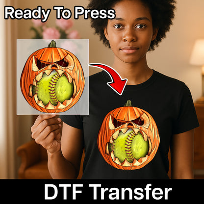 Iron-On Halloween Pumpkin Softball DTF Transfer for Spooky Sports Shirt Ready To Press for Halloween Team Apparel