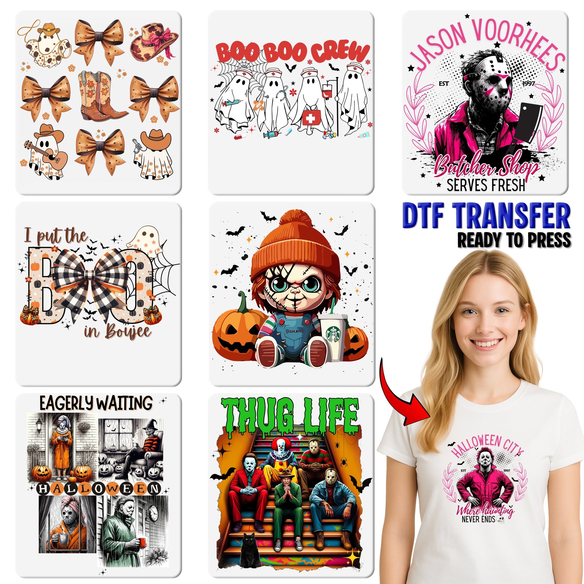 Spooky & Cute Halloween Horror DTF Transfer with Pink Bow Design for Women's Apparel - Ready to Press Iron-On