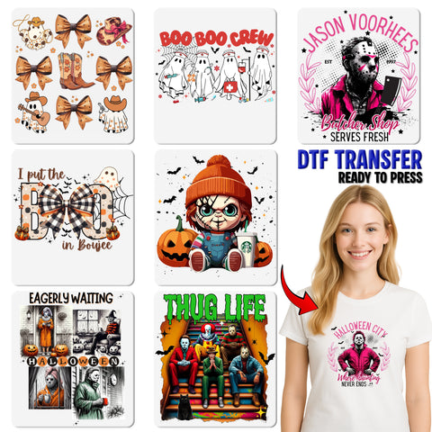 Spooky & Cute Halloween Horror DTF Transfer with Pink Bow Design for Women's Apparel - Ready to Press Iron-On