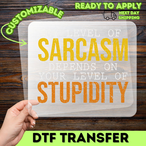 Iron-On Sarcastic Funny Humor DTF Transfer - My Level of Sarcasm Depends On Stupidity - Bold Retro Edgy Apparel