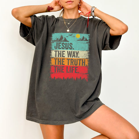 Christian Faith Mountain Scene DTF Transfer, Jesus the Way Rustic & Retro Iron-On, Inspirational Church Group Apparel