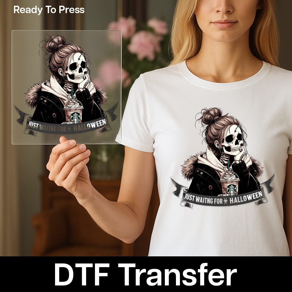 Funny Gothic Chic Halloween Coffee Skull DTF Transfer Ready to Press for Trendy Women's T-Shirt Iron-On