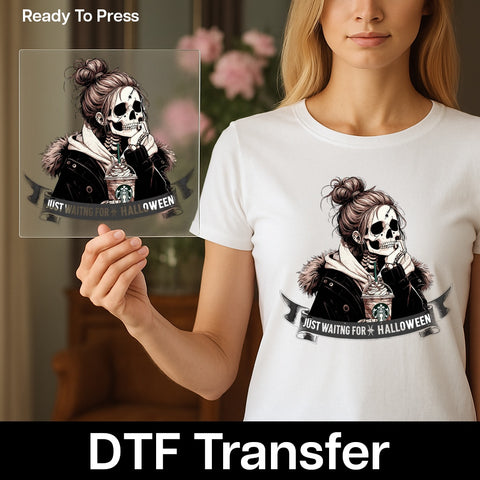 Funny Gothic Chic Halloween Coffee Skull DTF Transfer Ready to Press for Trendy Women's T-Shirt Iron-On