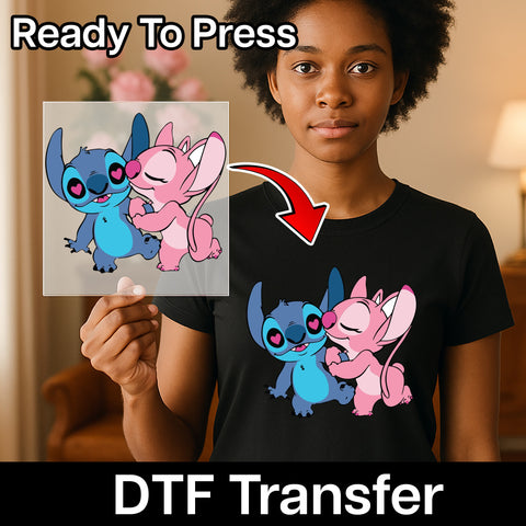 Cute Alien Love DTF Transfer for Valentine's Day Apparel | Cartoon Couple Iron-On for Shirts & Hoodies | Ready To Press