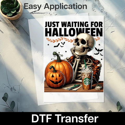 Halloween Skeleton Pumpkin Funny DTF Transfer Ready To Press Gothic Cartoon Iron-On for Fall Coffee Lover Apparel
