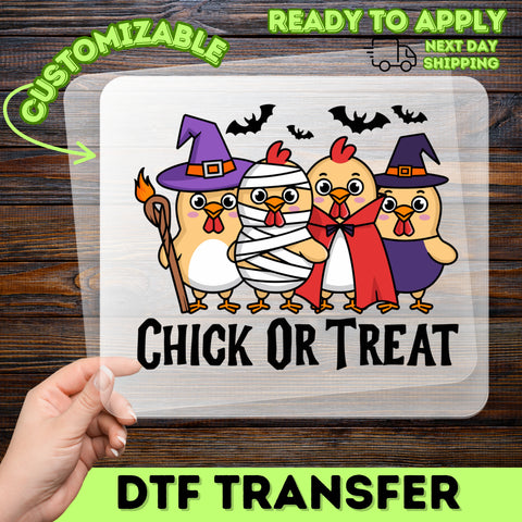 Funny Halloween Chick or Treat DTF Transfer | Cute Chicken Costume Iron-On | Ready to Press Design for Family & Kids Apparel
