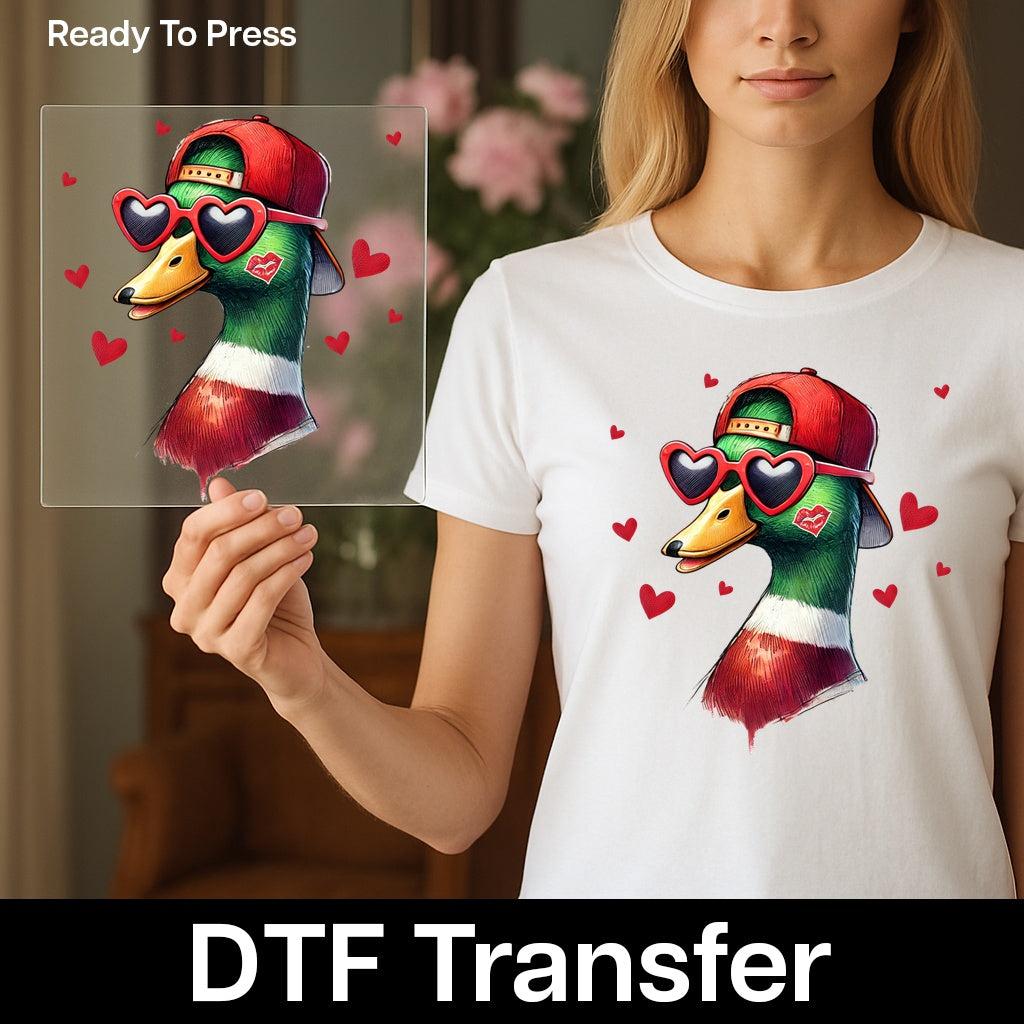 Funny Valentine's Duck Cartoon DTF Transfer Iron-On for T-Shirt or Sweatshirt - Playful Love Theme for Party Apparel