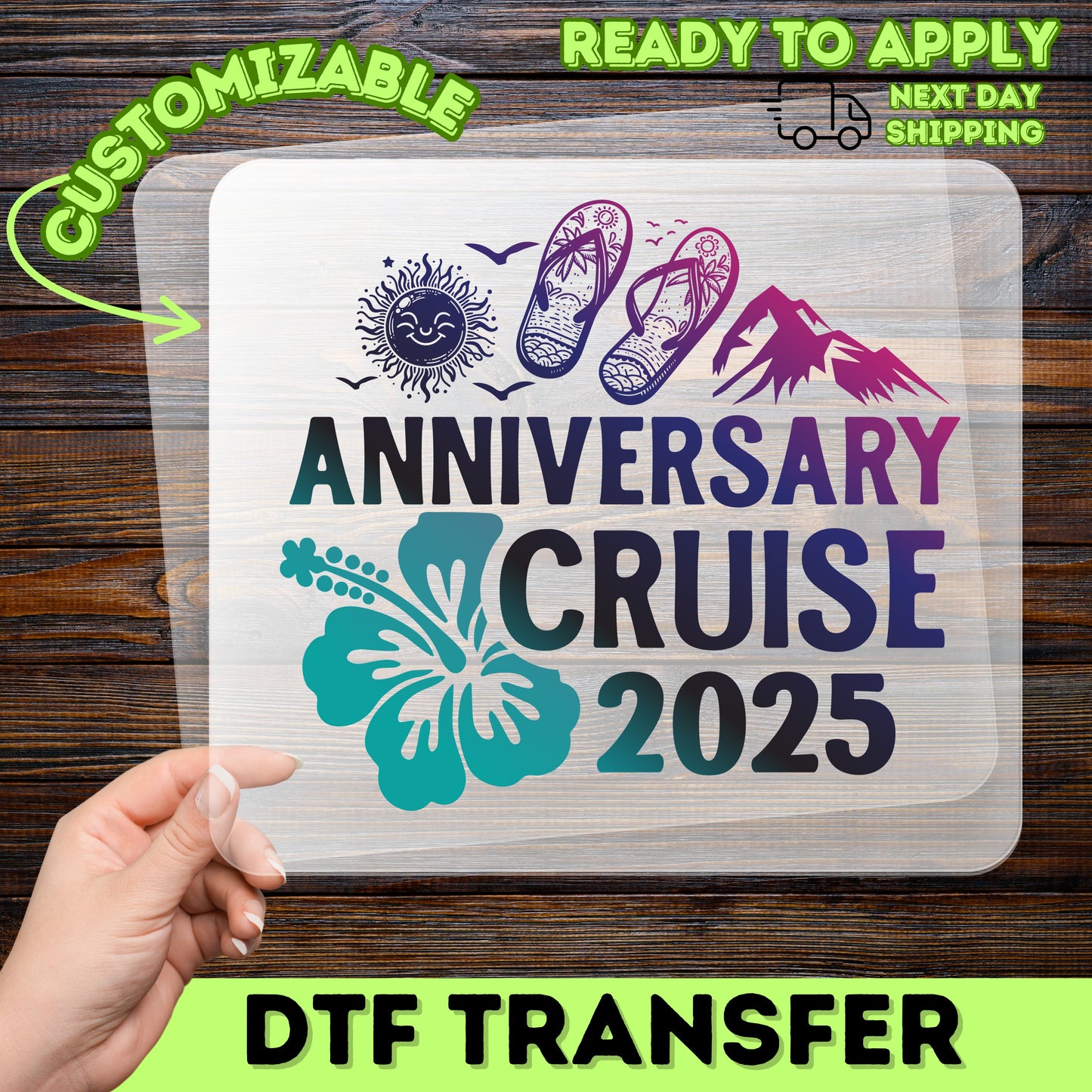 Anniversary Cruise 2025 ready to press DTF transfer for couples t-shirts & tropical celebration apparel
