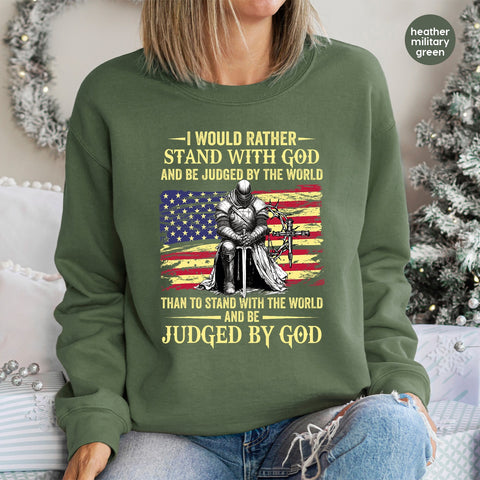 Patriotic Medieval Knight DTF Transfer for Religious Christian Apparel, Bold Iron-On Faith Quote Shirt