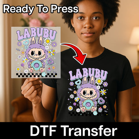 Cute Monster with Bunny Ears & Donut DTF Transfer - Ready To Press for Youth T-shirt - Fun Kawaii for Party Apparel