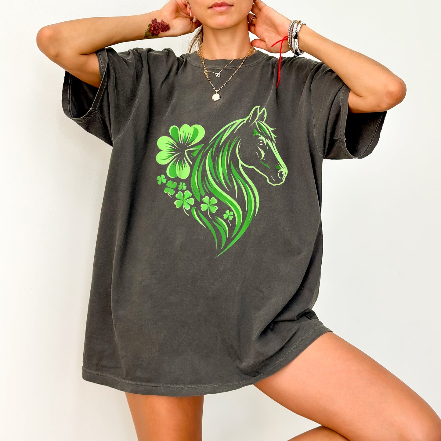 St. Patrick's Day Lucky Horse DTF Transfer, Cute Shamrock Celtic Horse Art Iron-On for Equestrian Apparel & T-Shirts