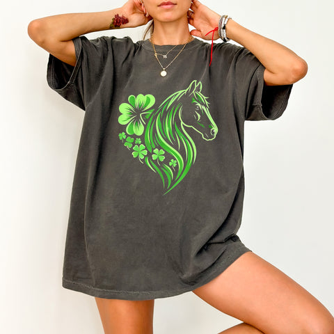 St. Patrick's Day Lucky Horse DTF Transfer, Cute Shamrock Celtic Horse Art Iron-On for Equestrian Apparel & T-Shirts