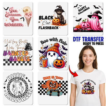 Iron-On Cute Haunted Castle DTF Transfer for Halloween Party T-Shirt, Ready To Press Spooky Season Apparel Design