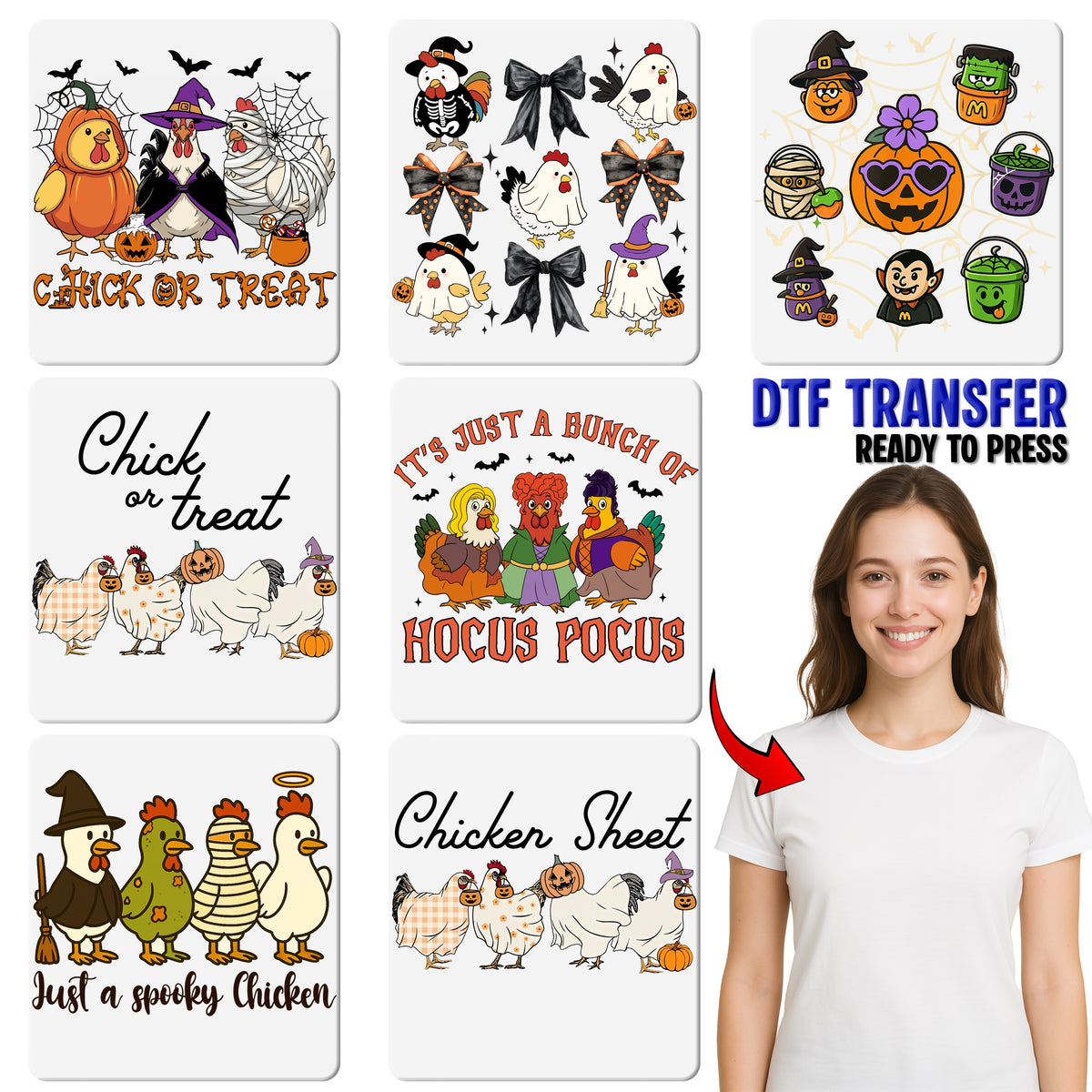 Cute Halloween Cartoon Characters DTF Transfer for Family & Kids Apparel - Ready To Press Iron-On Spooky Fun for T-Shirts & Hoodies