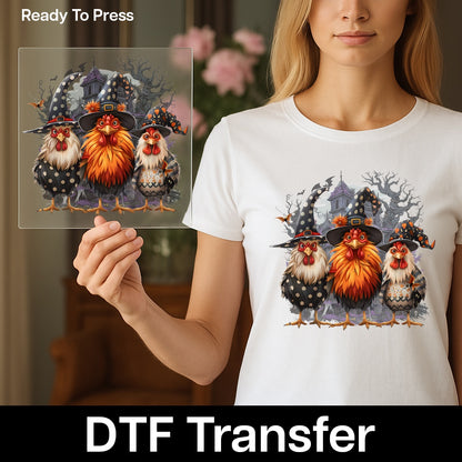 Funny Halloween Chicken Witch Hat DTF Transfer Iron-On for Farm Lover T-Shirt Ready to Press Spooky Holiday Apparel