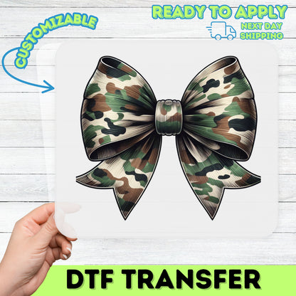 Camo Bow Cute DTF Transfer for Military Family & Outdoor Enthusiasts, Army Theme Ready To Press Iron-On Apparel Gift