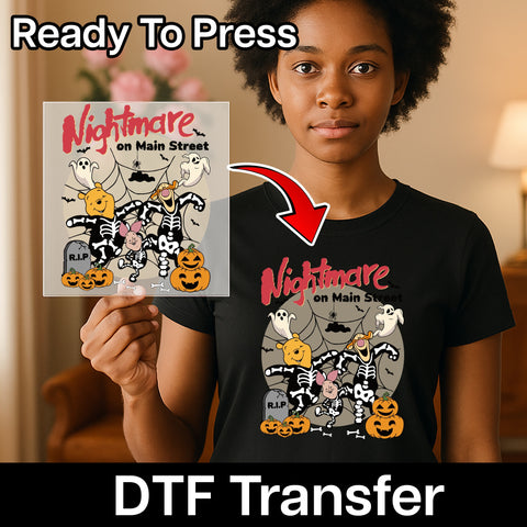 Cute Funny Halloween Character DTF Transfer Iron-On for T-shirt - Nightmare on Main Street Skeleton Design for Families & Friends