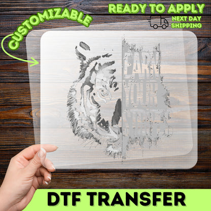 Iron-On Inspirational Tiger DTF Transfer for Team Apparel, Motivational Wildlife Shirt, Ready to Press Bold Urban Design