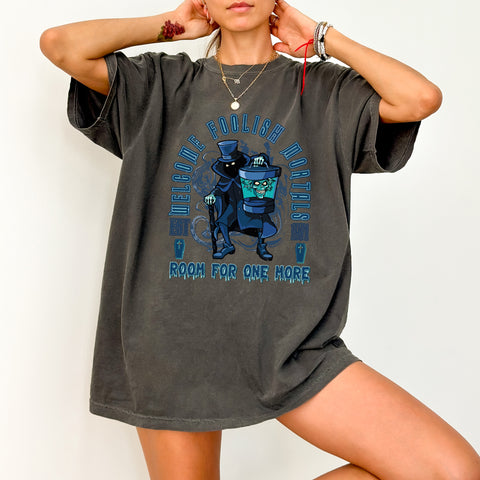 Spooky Ghostly DTF Transfer, Halloween Haunted Character Iron-On for Shirts, Funny Retro Theme, Welcome Foolish Mortals Apparel