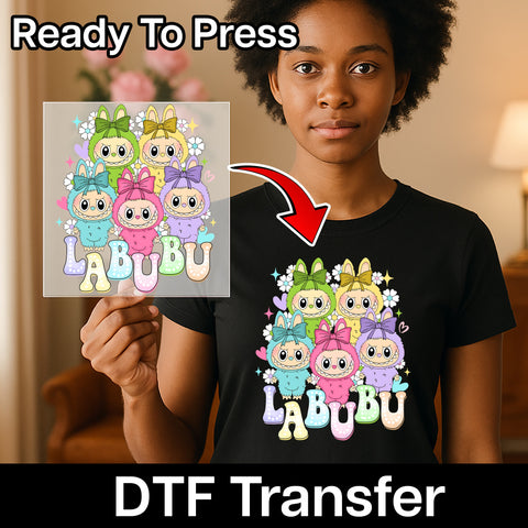 Cute Cartoon Kawaii DTF Transfer for Kids Shirts, LABUBU Colorful Iron-On, Ready to Press Playful Critters Apparel, Birthday Parties