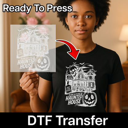 Spooky Halloween Haunted House DTF Transfer for Group Apparel - Vintage Gothic Comic Style T-shirt Design