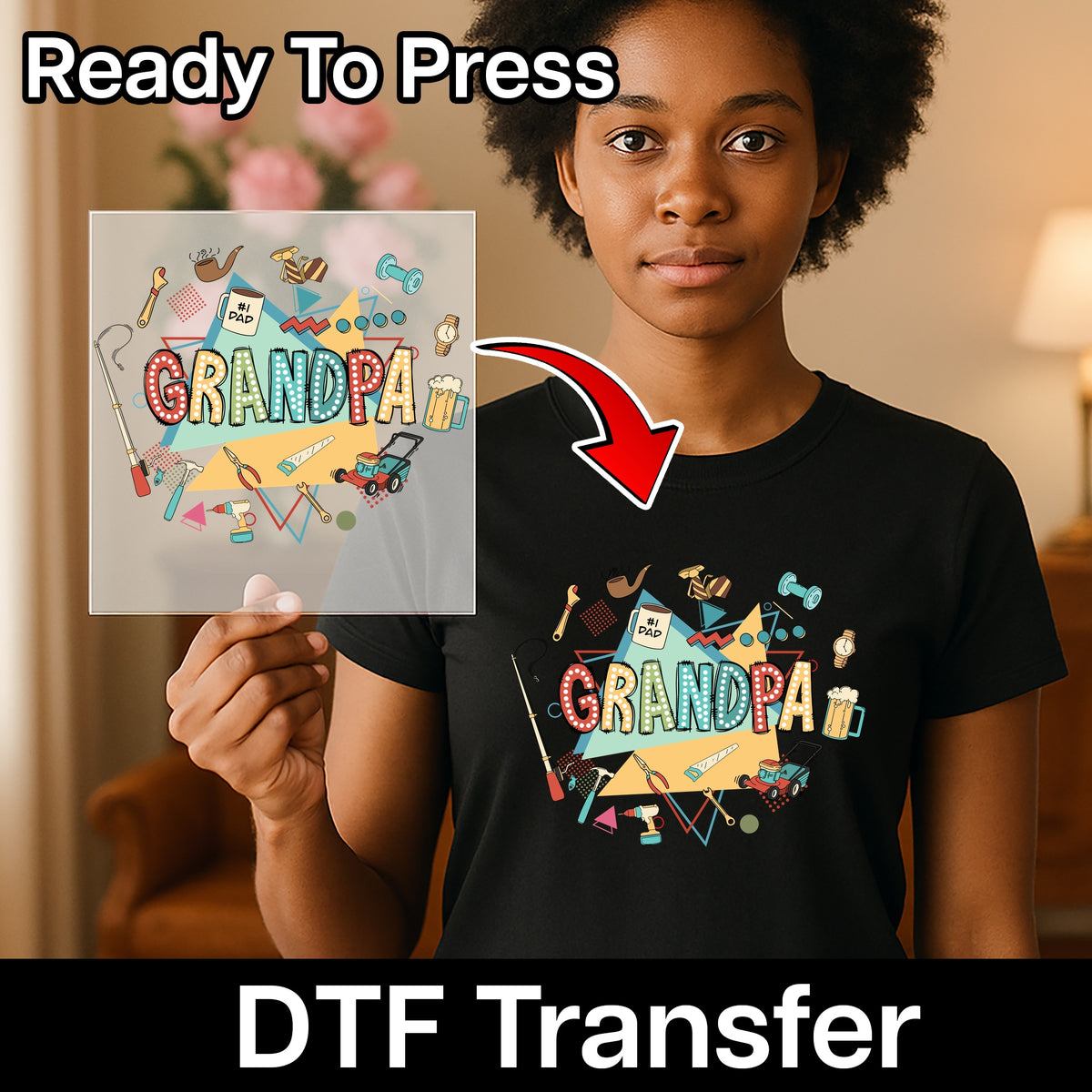 Grandpa tools retro dtf transfer ready to press iron-on, funny Father's Day grandpa theme for t-shirt or sweatshirt, for dads and family