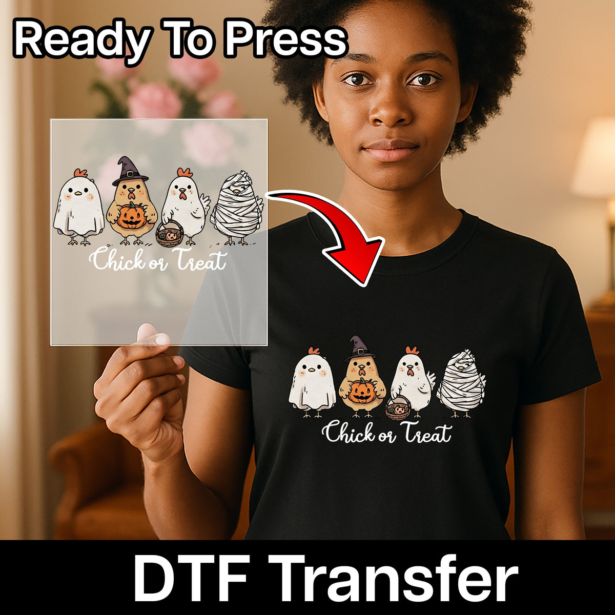 Funny Halloween Chicken DTF Transfer, Cute Chick or Treat Iron-On for Family Shirts & Apparel, Ready to Press Fall Party Gift