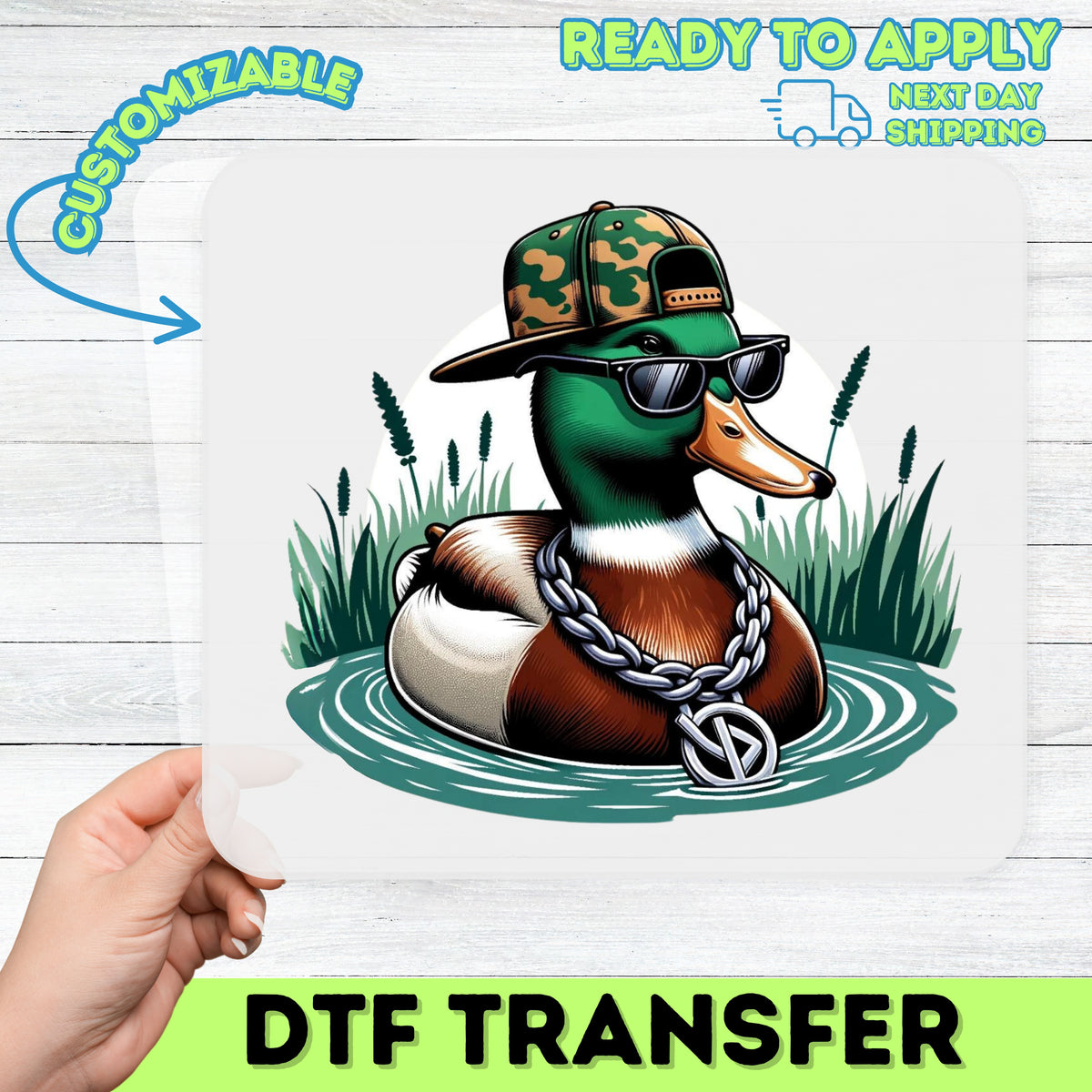 Cool Duck with Sunglasses DTF Transfer for Urban Hip-Hop Animal T-Shirt, Funny Camo Cap Duck Ready To Press Iron-On