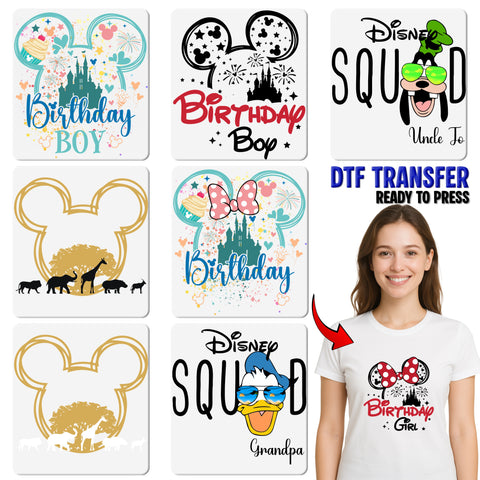 Cute Birthday Girl Theme Park Mouse Ears DTF Transfer Iron-On for Kids Party Family Vacation Apparel