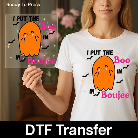 Cute Boo Boujee Ghost Funny Halloween DTF Transfer for Trendy Apparel, Iron-On Ready to Press Halloween Design for Teens