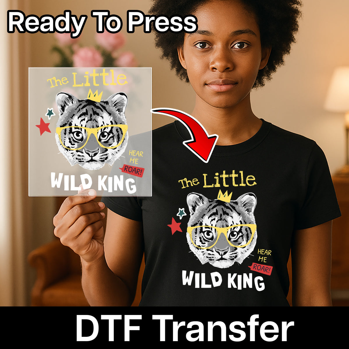 Cute Tiger Cub with Crown Ready To Press DTF Transfer for Kids Apparel - Fun Jungle Theme for Parties & Celebration Wear