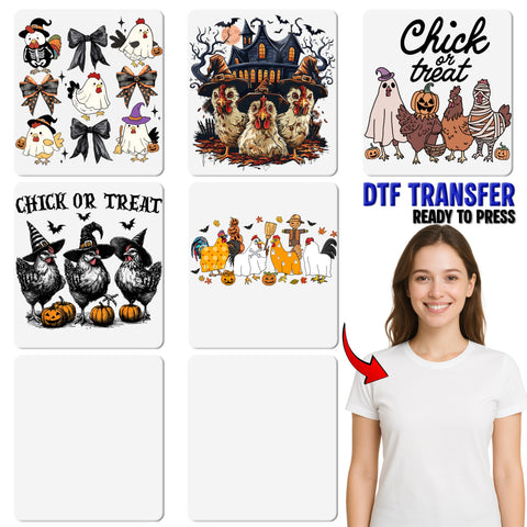 Iron-On DTF Transfer Funny Halloween Chicken Witch Design for Group Apparel & T-Shirts - Perfect for Pumpkin Parties