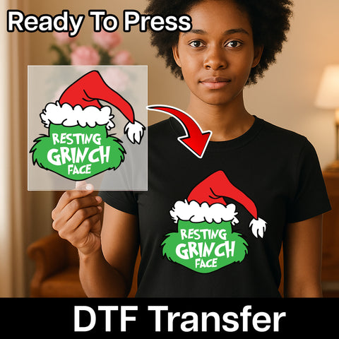 Funny Resting Grinch Face Christmas DTF Transfer Iron-On for Adults T-Shirt Holiday Humor Apparel