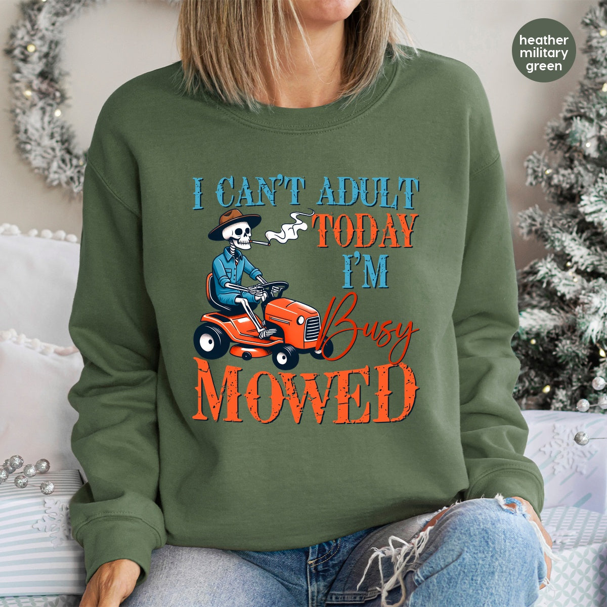 Funny Halloween skeleton riding lawnmower dtf transfer, ready to press iron-on for dads t-shirt & sweatshirt, adulting Father's Day gift