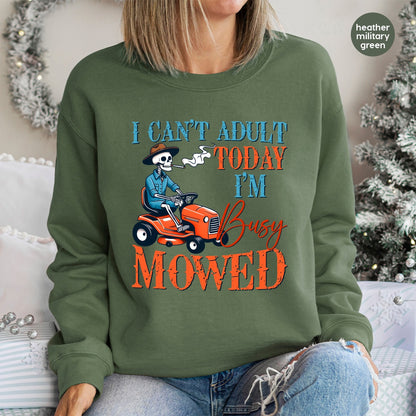 Funny Halloween skeleton riding lawnmower dtf transfer, ready to press iron-on for dads t-shirt & sweatshirt, adulting Father's Day gift