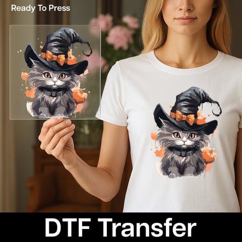 Cute Halloween Cat DTF Transfer, Whimsical Witch Kitty Iron-On for T-shirts, Ready To Press Cute Pumpkin Cat Apparel, Cat Lover Gifts